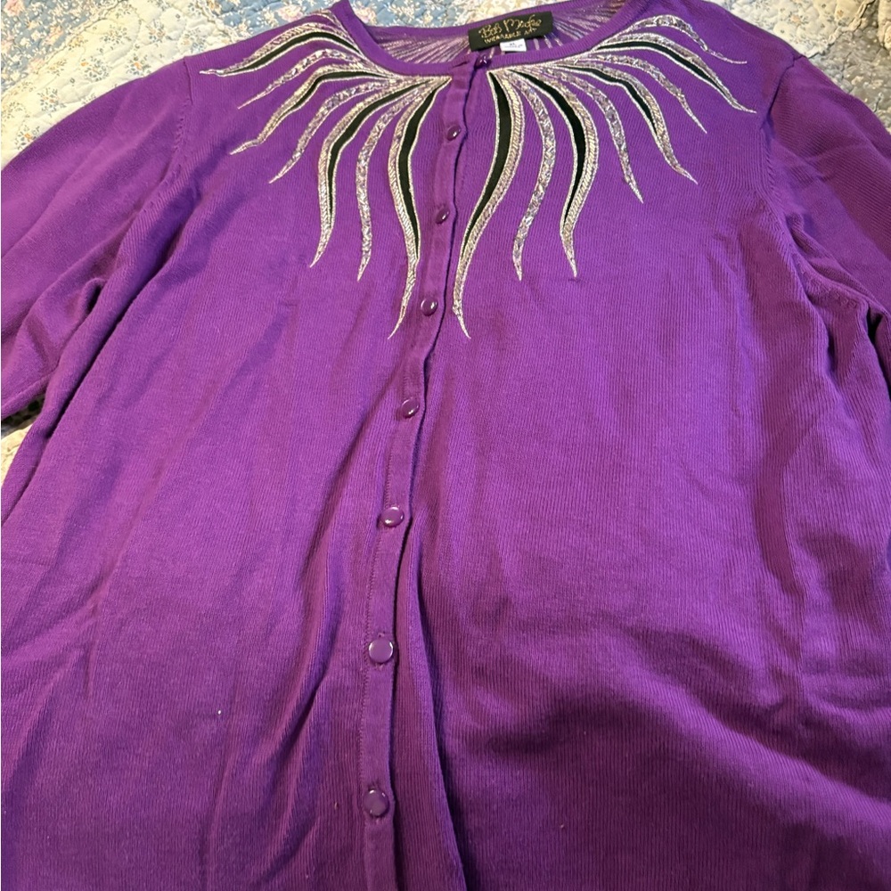 Bob Mackie Purple Knit Cardigan with Silver & Black Embellishment
